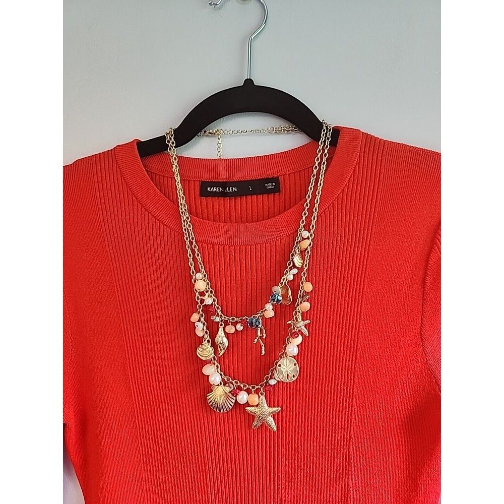 Karen Millen Womens UK L Orange Shirt Blouse W Beach Necklace - Picture 2 of 7